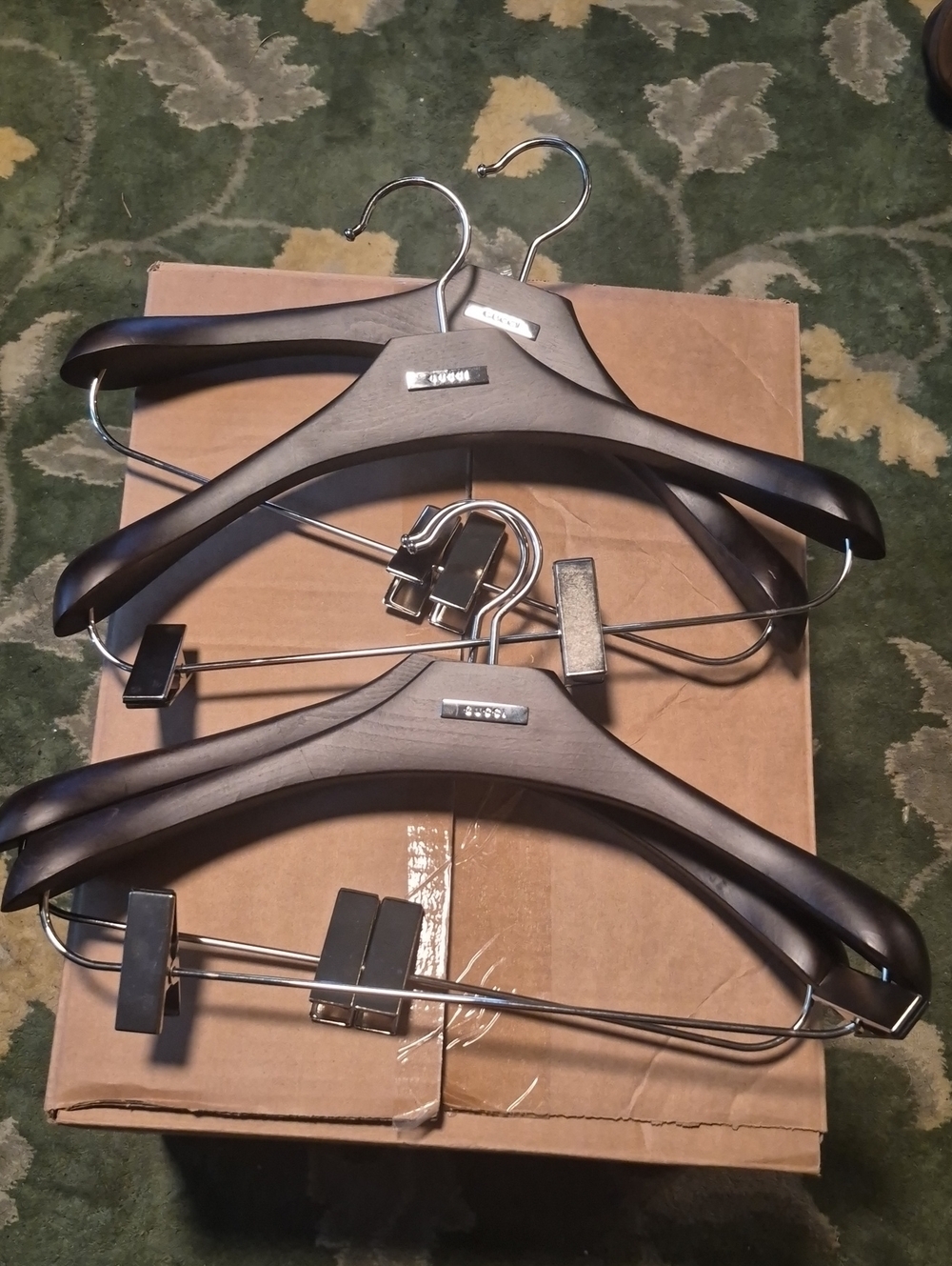 Gucci Dark Brown Wooden Suit Hangers with Silver Metal Clips (Set)